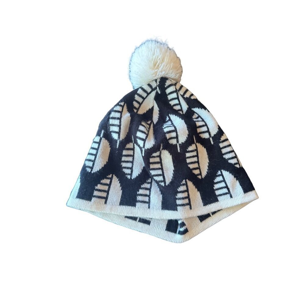 Vera Bradley Black White Leaf Print Pom Beanie Top Hat One Size